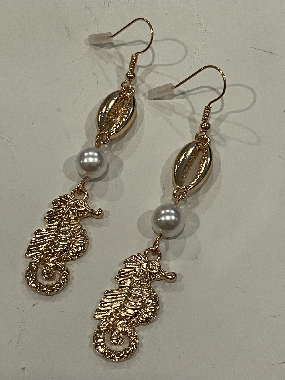 Gold Seahorse Drop Earrings with Pearl Accent - Picture 5 of 6